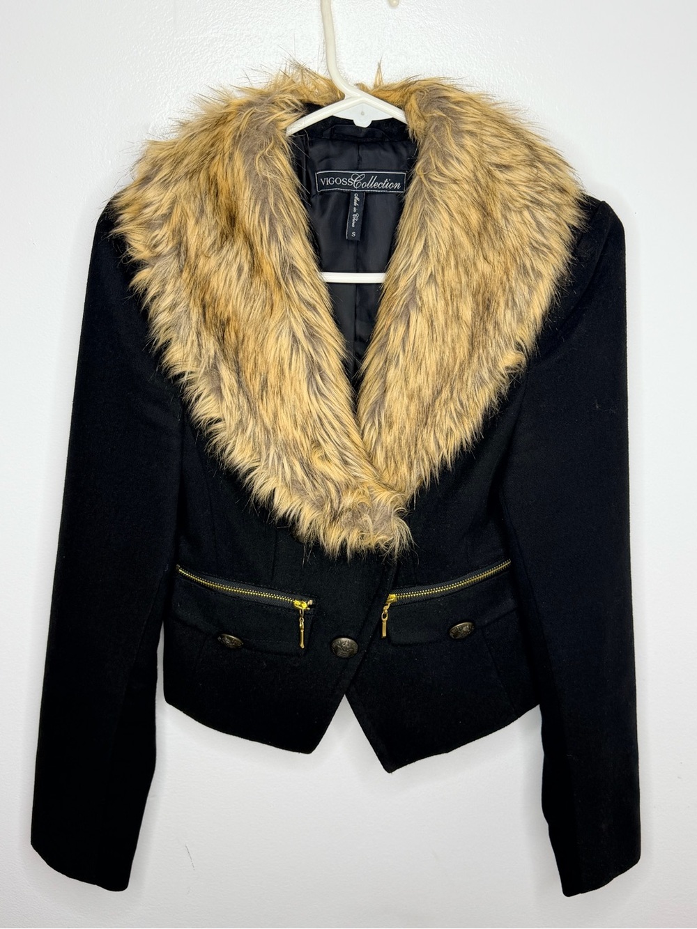 Vigoss Black Faux Fur Collar Military Blazer S